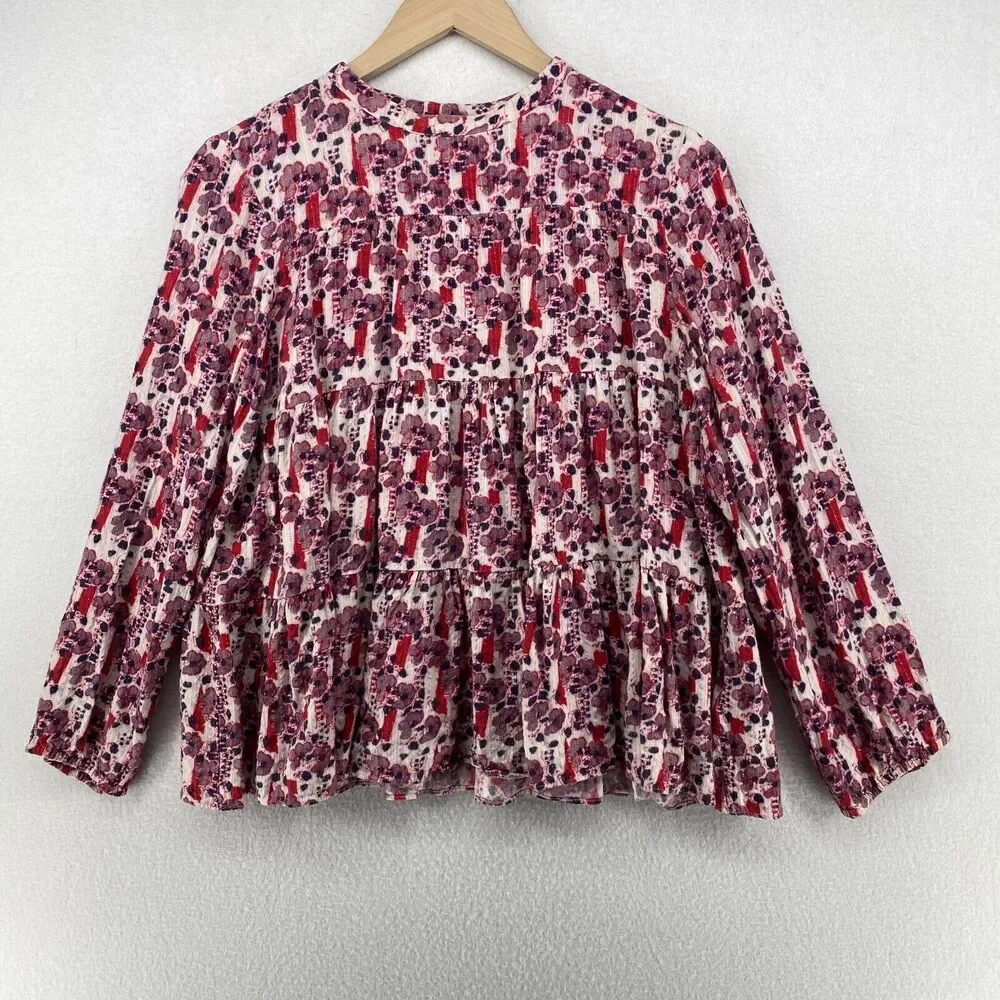 WARM Top M Layered Floral Metallic Blouse Long Sleeve Round Neck Loose Swing Red